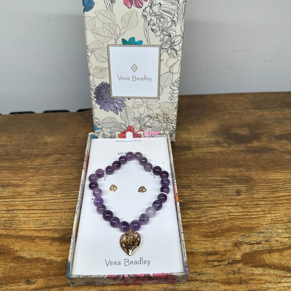 Vera Bradley Amethyst Heart Bracelet and Stud Earring Set Gold Tone Purple 23137